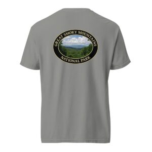 Grey Comfort Colors heavyweight T-shirt featuring a scenic Great Smoky Mountains design from Tennessee, framed in an oval border.