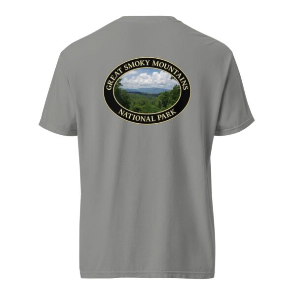 Grey Comfort Colors heavyweight T-shirt featuring a scenic Great Smoky Mountains design from Tennessee, framed in an oval border.