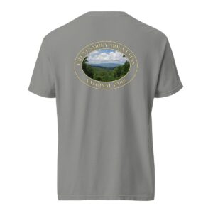 Grey Comfort Colors heavyweight T-shirt featuring a scenic Great Smoky Mountains design from Tennessee, framed in an oval border.