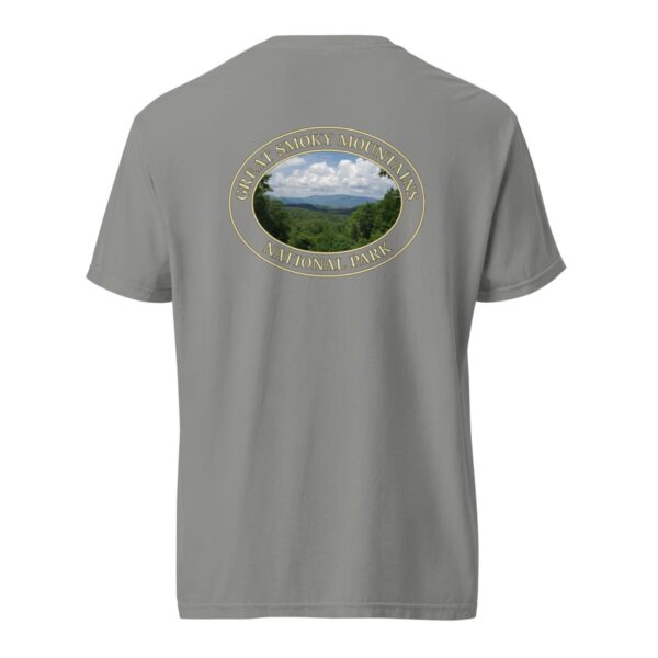 Grey Comfort Colors heavyweight T-shirt featuring a scenic Great Smoky Mountains design from Tennessee, framed in an oval border.