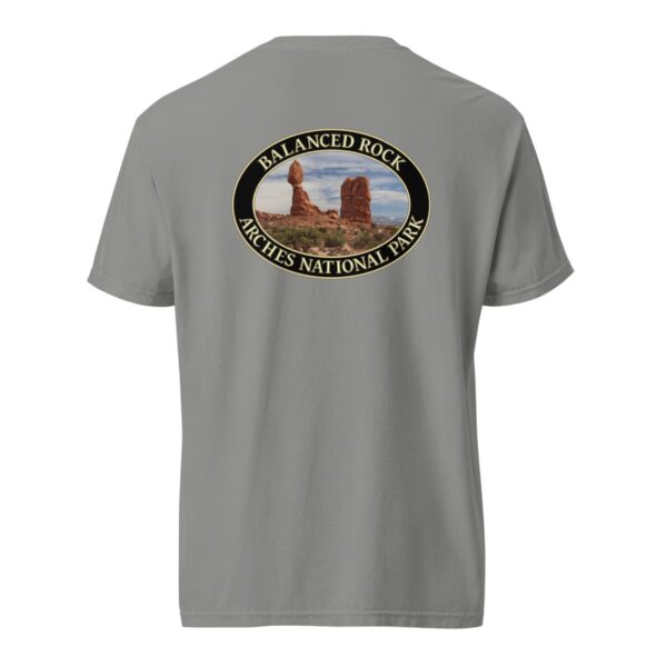 Grey Comfort Colors heavyweight T-shirt featuring the iconic Balanced Rock at Arches National Park, framed in an oval border.