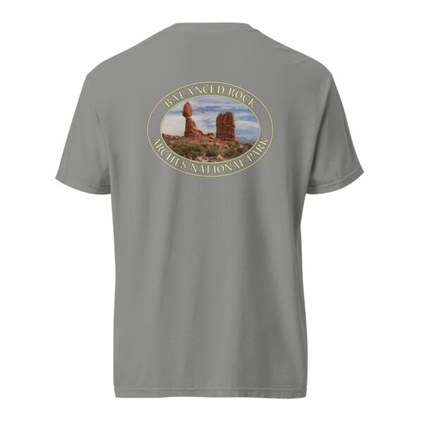 Grey Comfort Colors heavyweight T-shirt featuring the iconic Balanced Rock at Arches National Park, framed in an oval border.