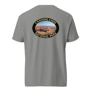 Grey Comfort Colors heavyweight T-shirt featuring a scenic view of Grand View Point at Canyonlands National Park, framed in an oval border.