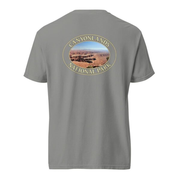 Grey Comfort Colors heavyweight T-shirt featuring a scenic view of Grand View Point at Canyonlands National Park, framed in an oval border.