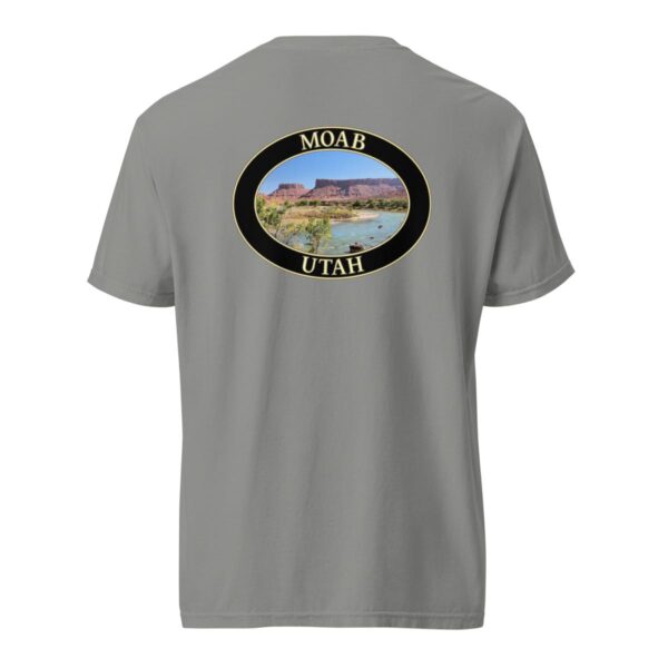 Grey Comfort Colors heavyweight T-shirt featuring a scenic view of the Colorado River in Moab, Utah, framed in an oval border.