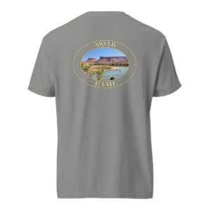 Grey Comfort Colors heavyweight T-shirt featuring a scenic view of the Colorado River in Moab, Utah, framed in an oval border.