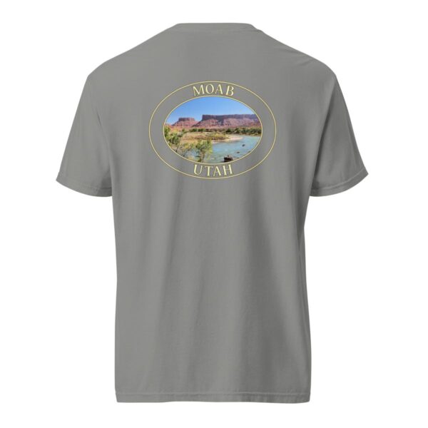 Grey Comfort Colors heavyweight T-shirt featuring a scenic view of the Colorado River in Moab, Utah, framed in an oval border.