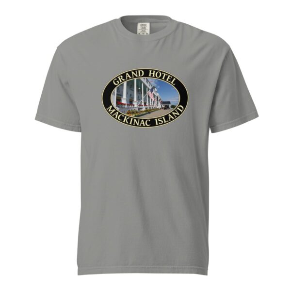 Grey Comfort Colors 1717 heavyweight T-shirt featuring a Grand Hotel graphic on Mackinac Island with iconic white porch and American flags in an oval design.