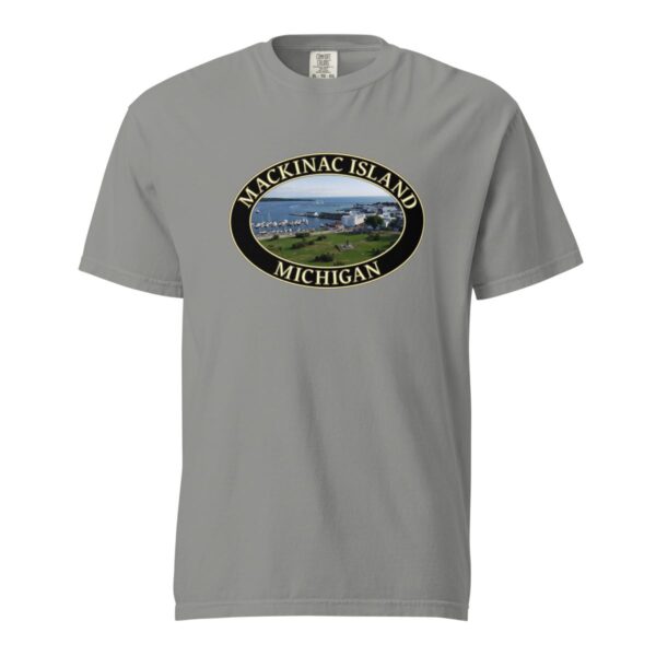 Grey Comfort Colors 1717 heavyweight T-shirt featuring Mackinac Island harbor and downtown graphic with boats and historic buildings in an oval design.