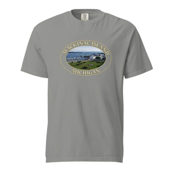 Grey Comfort Colors 1717 heavyweight T-shirt featuring Mackinac Island harbor and downtown graphic with boats and historic buildings in an oval design.