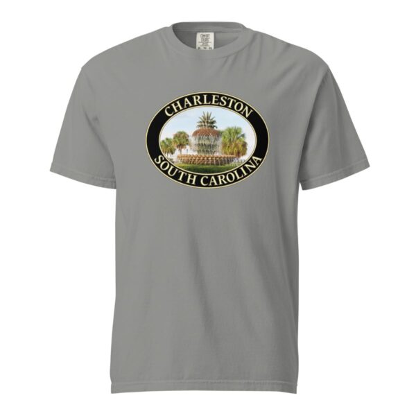 Grey Comfort Colors 1717 heavyweight T-shirt featuring a graphic of the Pineapple Fountain in Charleston, South Carolina, framed in an oval design.