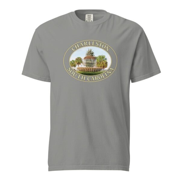 Grey Comfort Colors 1717 heavyweight T-shirt featuring a graphic of the Pineapple Fountain in Charleston, South Carolina, framed in an oval design.