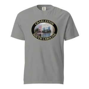 Grey Comfort Colors 1717 heavyweight T-shirt featuring a graphic of Rainbow Row homes in Charleston, South Carolina, framed in an oval design.