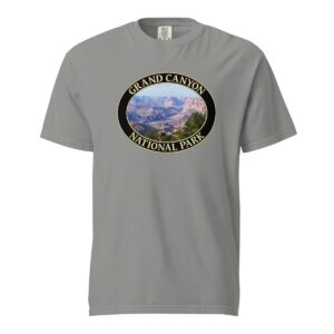 Grey Comfort Colors 1717 heavyweight T-shirt featuring a Colorado River at Grand Canyon National Park graphic in an oval design.