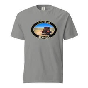 Grey Comfort Colors 1717 heavyweight T-shirt featuring an antique car on Route 66 near Holbrook, Arizona, with a desert background in an oval graphic.