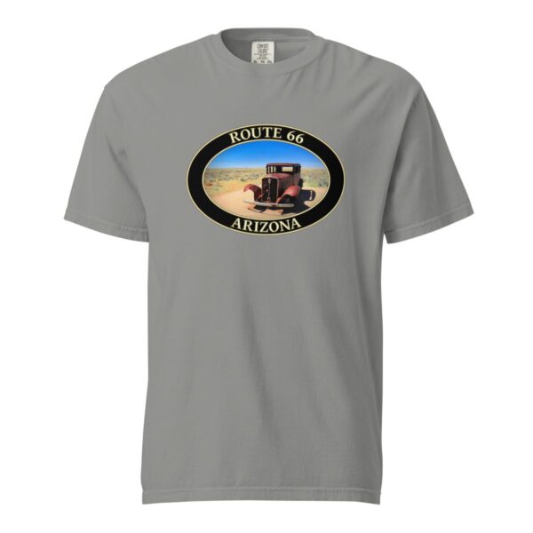 Grey Comfort Colors 1717 heavyweight T-shirt featuring an antique car on Route 66 near Holbrook, Arizona, with a desert background in an oval graphic.