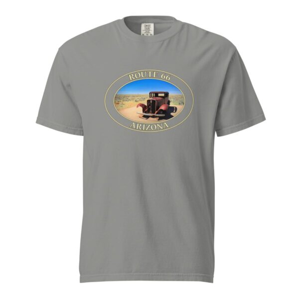 Grey Comfort Colors 1717 heavyweight T-shirt featuring an antique car on Route 66 near Holbrook, Arizona, with a desert background in an oval graphic.