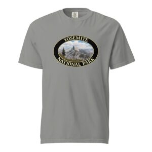 Grey Comfort Colors 1717 heavyweight T-shirt featuring Half Dome at Yosemite National Park graphic in an oval design with a scenic backdrop.