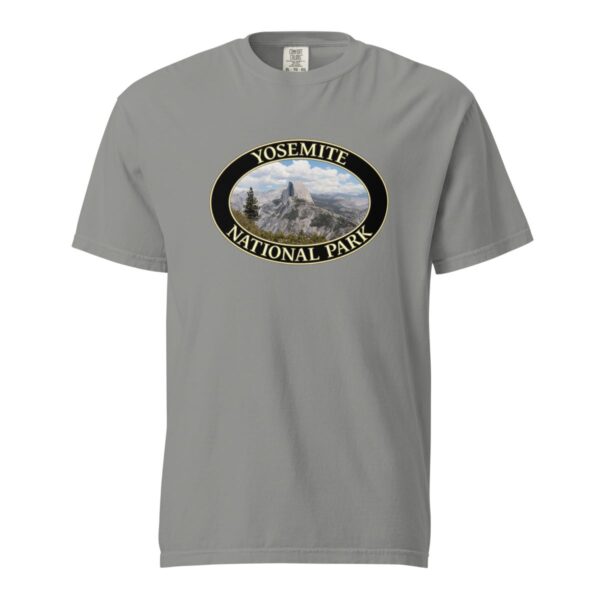 Grey Comfort Colors 1717 heavyweight T-shirt featuring Half Dome at Yosemite National Park graphic in an oval design with a scenic backdrop.