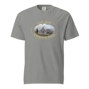 Grey Comfort Colors 1717 heavyweight T-shirt featuring Half Dome at Yosemite National Park graphic in an oval design with a scenic backdrop.