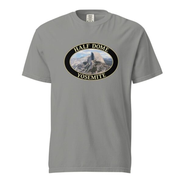 Grey Comfort Colors 1717 heavyweight T-shirt featuring a Half Dome at Yosemite National Park graphic in an oval design with a closeup of the famous rock formation.