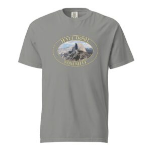 Grey Comfort Colors 1717 heavyweight T-shirt featuring a Half Dome at Yosemite National Park graphic in an oval design with a closeup of the famous rock formation.