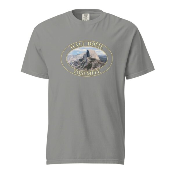 Grey Comfort Colors 1717 heavyweight T-shirt featuring a Half Dome at Yosemite National Park graphic in an oval design with a closeup of the famous rock formation.