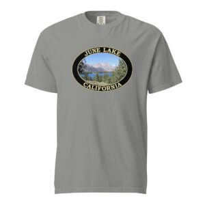 Grey Comfort Colors 1717 heavyweight T-shirt featuring a scenic June Lake in California graphic with mountains, trees, and lake view in an oval design.