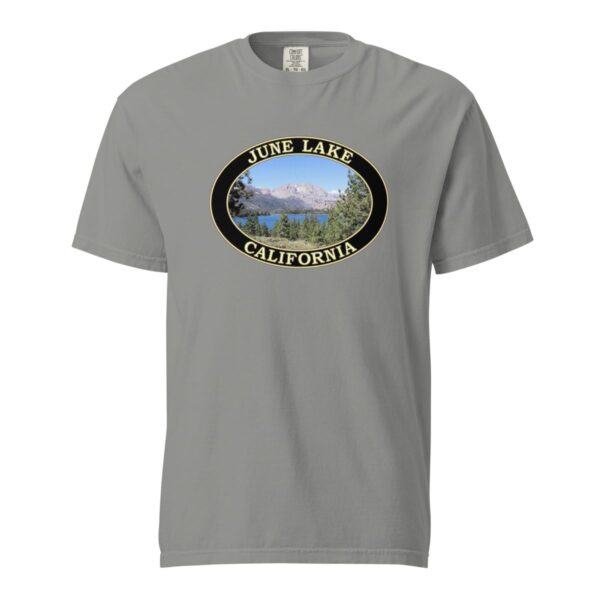 Grey Comfort Colors 1717 heavyweight T-shirt featuring a scenic June Lake in California graphic with mountains, trees, and lake view in an oval design.