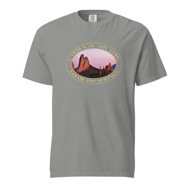 Grey Comfort Colors 1717 heavyweight T-shirt featuring a Sunset at Garden of the Gods in Colorado Springs graphic with red rock formations and a pink sky in an oval design.