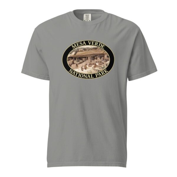 Grey Comfort Colors 1717 heavyweight T-shirt featuring a Cliff Palace at Mesa Verde National Park graphic in an oval design with ancient ruins.