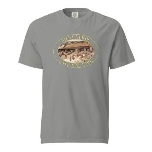 Grey Comfort Colors 1717 heavyweight T-shirt featuring a Cliff Palace at Mesa Verde National Park graphic in an oval design with ancient ruins.