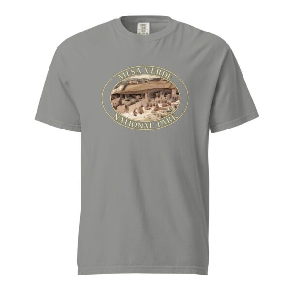 Grey Comfort Colors 1717 heavyweight T-shirt featuring a Cliff Palace at Mesa Verde National Park graphic in an oval design with ancient ruins.