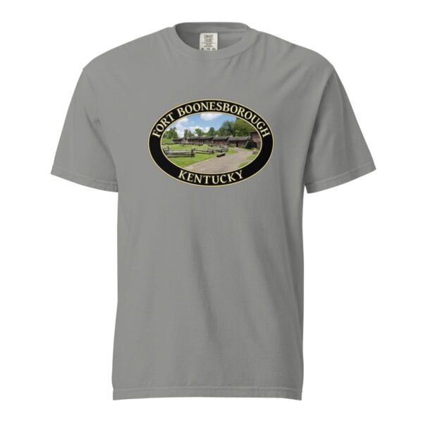 Grey Comfort Colors 1717 heavyweight T-shirt featuring Fort Boonesborough in Kentucky graphic with a historic fort scene in an oval design.