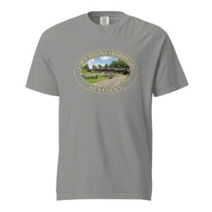 Grey Comfort Colors 1717 heavyweight T-shirt featuring Fort Boonesborough in Kentucky graphic with a historic fort scene in an oval design.