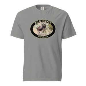 Grey Comfort Colors 1717 heavyweight T-shirt featuring a wild burros graphic with donkeys roaming the Nevada desert in an oval design.