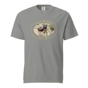 Grey Comfort Colors 1717 heavyweight T-shirt featuring a wild burros graphic with donkeys roaming the Nevada desert in an oval design.