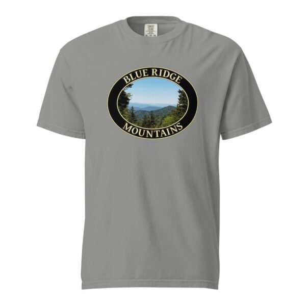 Grey Comfort Colors 1717 heavyweight T-shirt featuring a scenic view of the Blue Ridge Mountains in North Carolina with lush greenery and distant rolling peaks in an oval design.