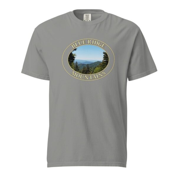 Grey Comfort Colors 1717 heavyweight T-shirt featuring a scenic view of the Blue Ridge Mountains in North Carolina with lush greenery and distant rolling peaks in an oval design.