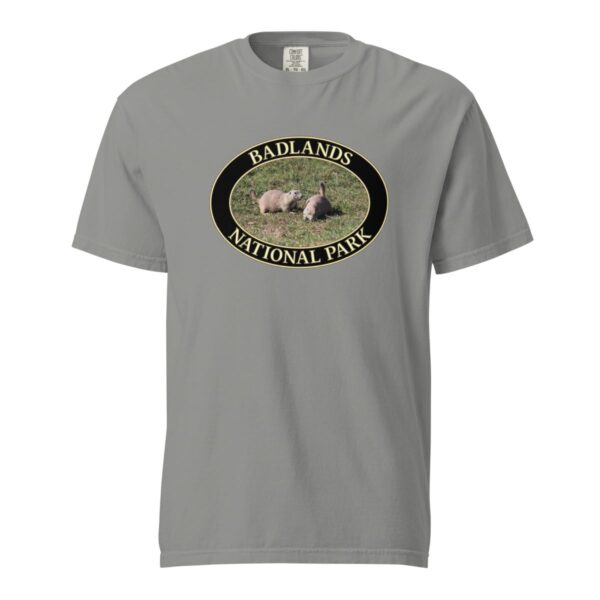 Grey Comfort Colors heavyweight T-shirt featuring a prairie dog couple graphic at Badlands National Park, framed in an oval design.