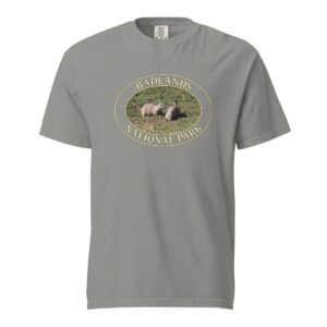 Grey Comfort Colors heavyweight T-shirt featuring a prairie dog couple graphic at Badlands National Park, framed in an oval design.