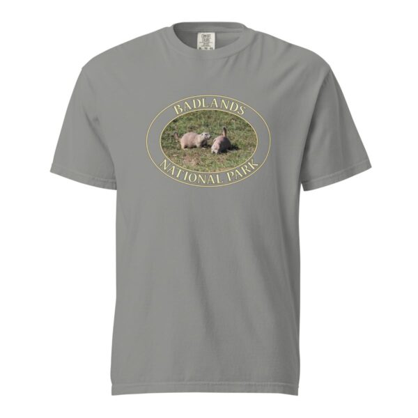 Grey Comfort Colors heavyweight T-shirt featuring a prairie dog couple graphic at Badlands National Park, framed in an oval design.