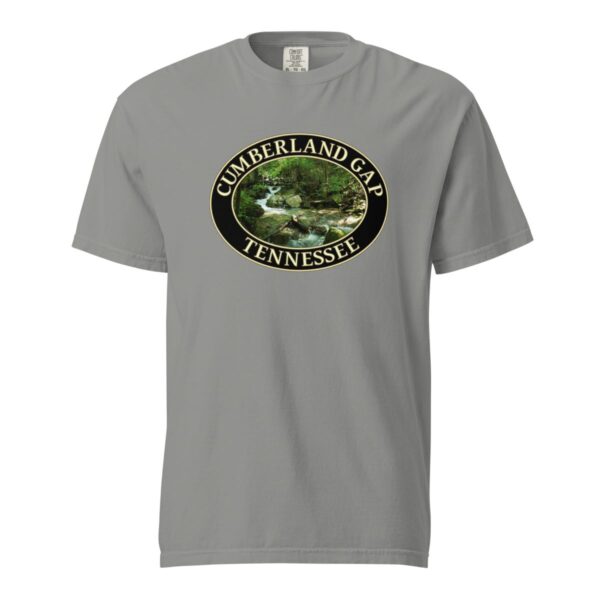 Grey Comfort Colors heavyweight T-shirt featuring a scenic Mountain Stream design from Cumberland Gap, Tennessee, framed in an oval border.