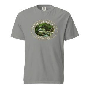 Grey Comfort Colors heavyweight T-shirt featuring a scenic Mountain Stream design from Cumberland Gap, Tennessee, framed in an oval border.