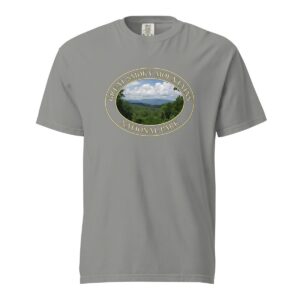 Grey Comfort Colors heavyweight T-shirt featuring a scenic Great Smoky Mountains design from Tennessee, framed in an oval border.