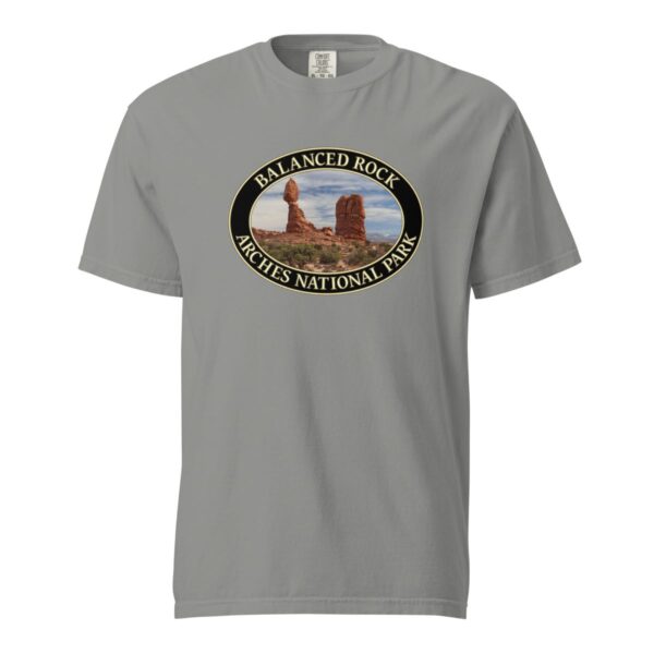 Grey Comfort Colors heavyweight T-shirt featuring the iconic Balanced Rock at Arches National Park, framed in an oval border.