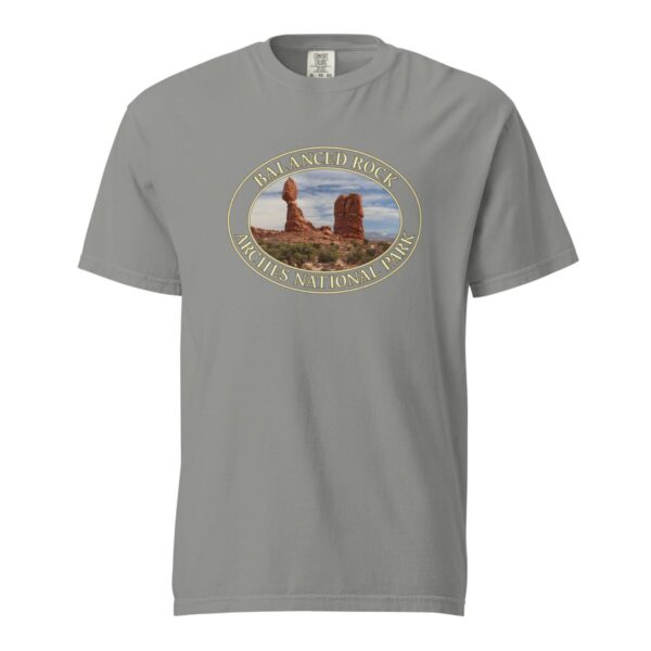 Grey Comfort Colors heavyweight T-shirt featuring the iconic Balanced Rock at Arches National Park, framed in an oval border.