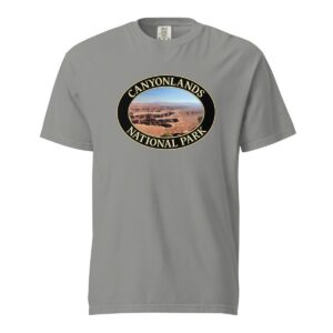 Grey Comfort Colors heavyweight T-shirt featuring a scenic view of Grand View Point at Canyonlands National Park, framed in an oval border.