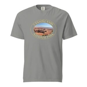 Grey Comfort Colors heavyweight T-shirt featuring a scenic view of Grand View Point at Canyonlands National Park, framed in an oval border.