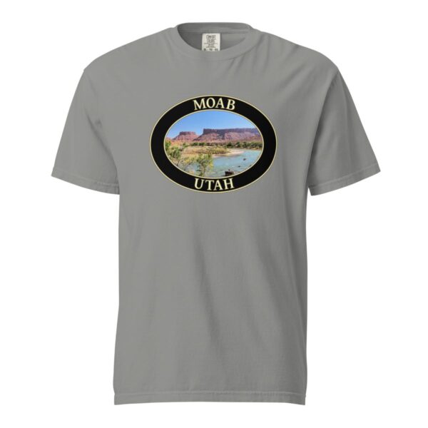 Grey Comfort Colors heavyweight T-shirt featuring a scenic view of the Colorado River in Moab, Utah, framed in an oval border.